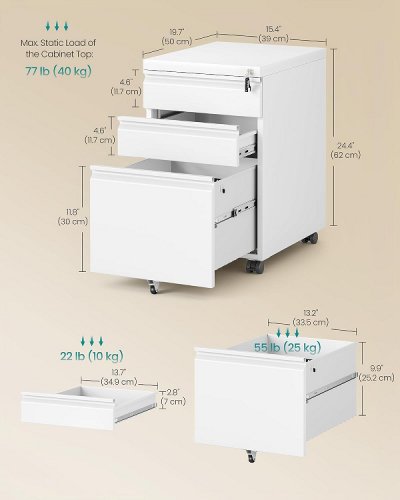 SONGMICS 3 Drawer File Cabinet, Metal Filing Cabinet for Home Office - 24" - white image 2