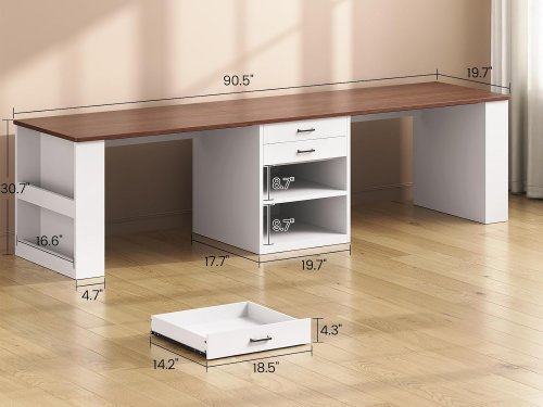 SEDETA 2 Person Computer Desk with Storage Drawers - 90.5" x 30.7" x 19.7" - Brown/white image 2