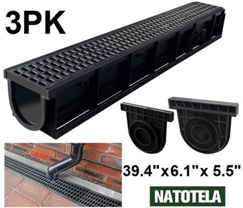 3pk Natotela Deep Profile Channel Drain with Plastic Grates - 39.4" x 6.1" x 5.5"- black (model: CA-PSG100-100-HDPE-01) image 2