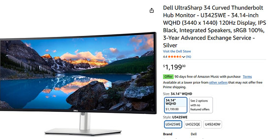 dell ultrasharp 34 plus usb-c 34" curved monitor with amd freesync premium - 21:9 display (3440 x 1440) up to 120hz - silver (model: u3425we) image 2