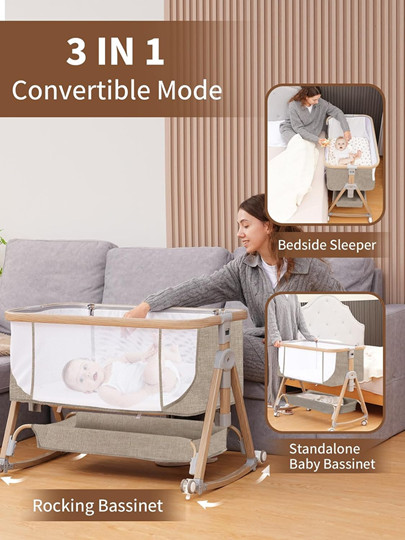 jestonten Baby Bassinet Bedside Sleeper Adjustable Height with Storage Basket - 36" x 21" x 13" - Wood brown/grey (model: QQ001) image 3