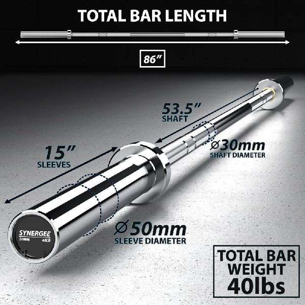 Synergee Essential 40lb Chrome Olympic Barbell - 86" - Chrome - (Model: ‎CHROMEBAR-40) image 2