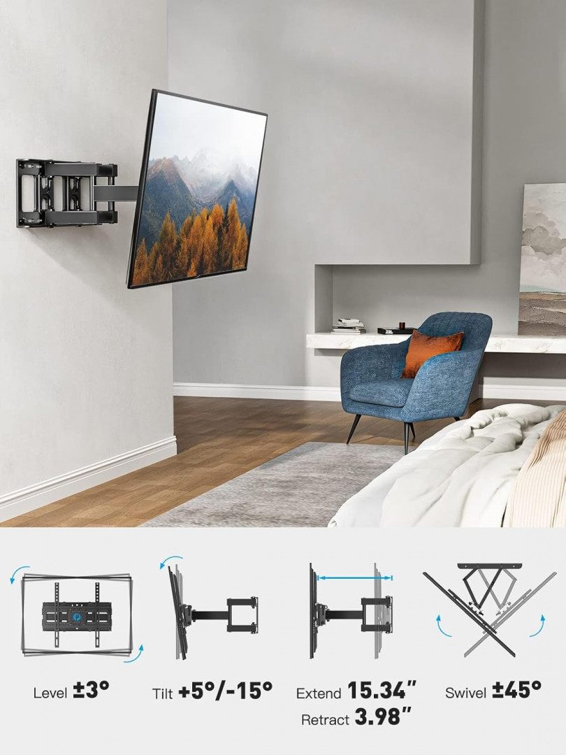 pipishell full motion tv wall mount bracket with swivel extension - 26"- 65" - 99lbs capacity - black (model: pimfk1) image 3