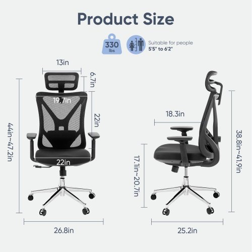 deli Ergonomic High back Office Chair with Adjustable Lumbar Support and Headrest - 330lbs cap - Black (Model: AZ1659) image 3