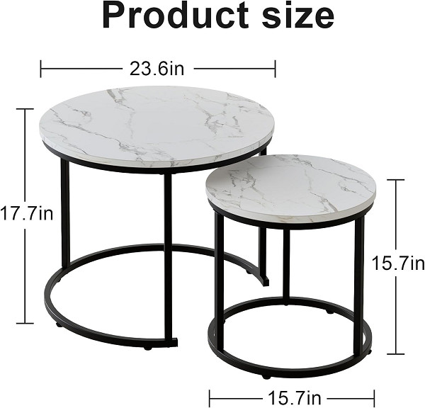 2pc aboxoo Round Nesting Coffee Table - 23.6"X17.7"/ 15.7"x15.7" - faux white marble/black - (MODEL: HM2388) image 2