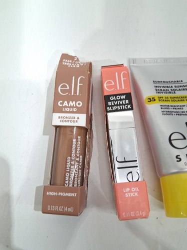 4 assorted elf makeup products - assorted  sizes, types and uses - sunscreen / lipstick / bronzer & contour / brow pencil image 3