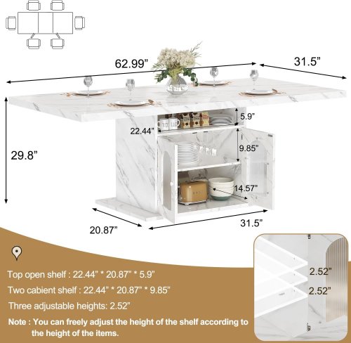 hsh rectangular wooden dining table with storage cabinet, seats up to 6 - 63" x 31" x 30" - white faux marble - (model: dt076310) image 2