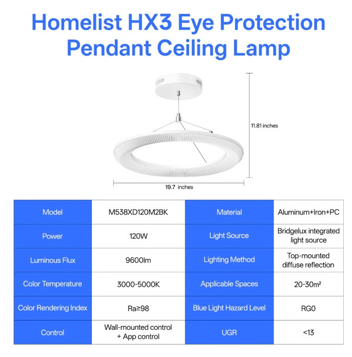 Homelist HX3 Diffused Eye protection ceiling pendant light - 110v 120w (Model: M538XD120M2BK) image 2