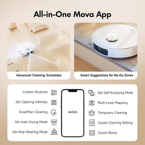 MOVA P10 PRO ULTRA ROBOT VACUUM WITH HOT WATER AUTO MOP WASHING & DRYING AND APP CONTROL - 10.5MM LIFTING FOR CARPET, 13000PA SUCTION, 360º OBSTACLE AVOIDANCE - WHITE (MODEL: RLM83HE) image 4