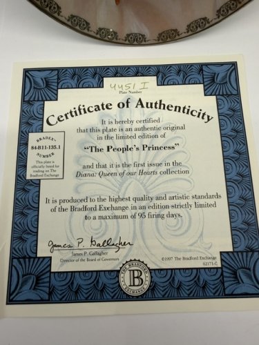 Princess Diana: Queen Of Our Hearts "The People's Princess" Plate WITH coa image 5
