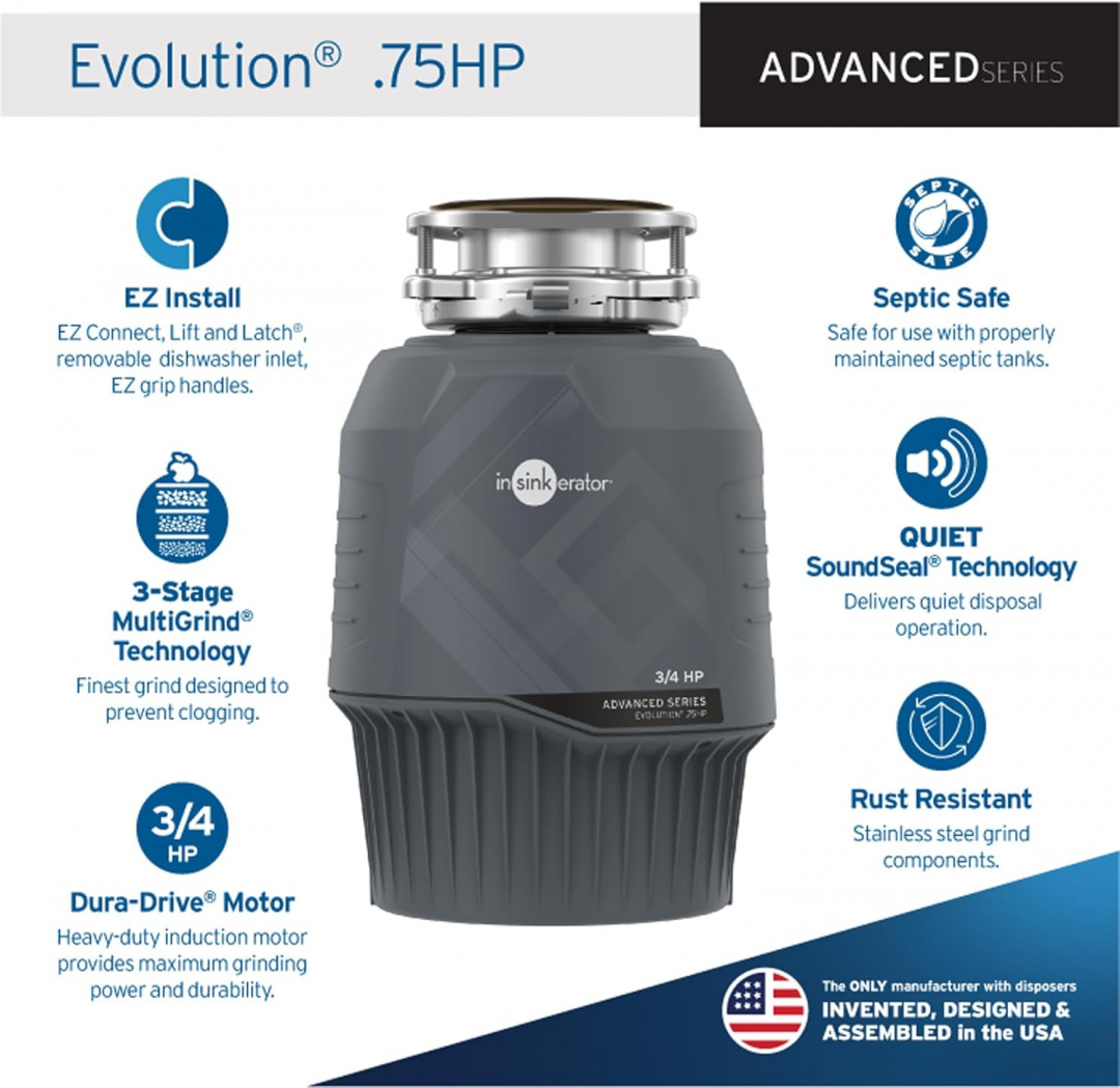 InSinkErator Evolution 0.75HP 3/4 HP Household Food Waste Disposer advanced series - grey (MODEL: evolution .75hp-2) image 2