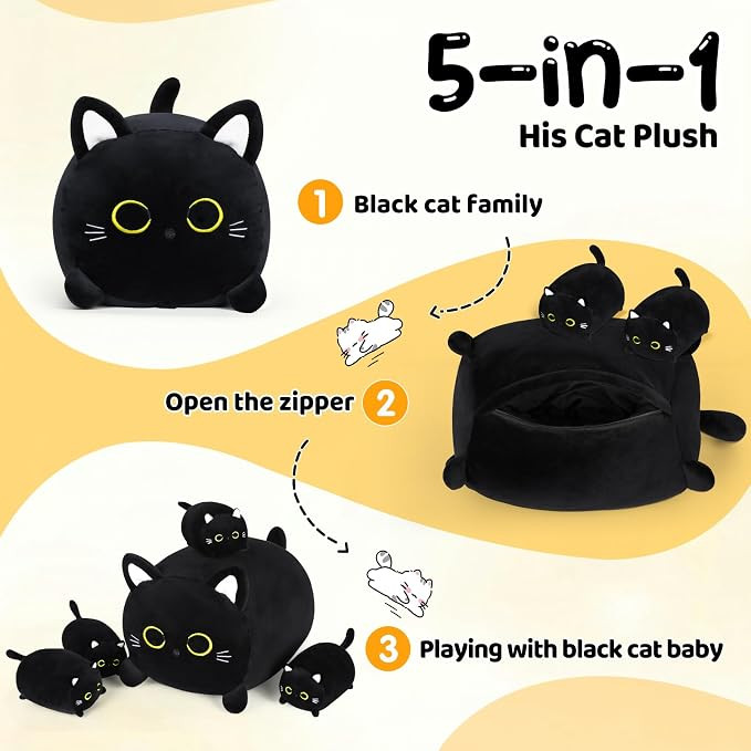 5pc Kid's Cat plushy toy Mom & kittens - black cat image 2
