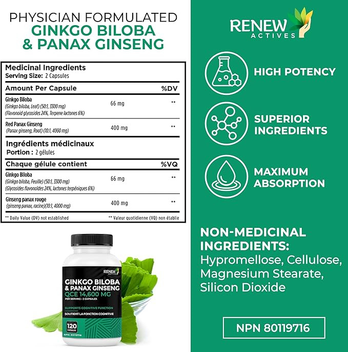 (120 Caps) Renew Actives Ginkgo Biloba & Panac Ginseng - QCE 14,600 mg per Serving image 2