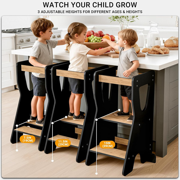 COSYLAND Toddler Adjustable Height Wooden Sturdy Kitchen Step Stool - 31" - natural/grey (model: CS000177-5-CA) image 2