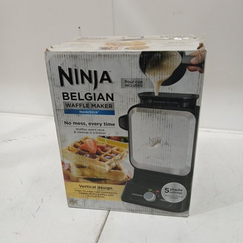 Ninja VERTICAL DESIGN NeverStick Belgian Waffle Maker WITH POUR CUP & 5 SHADE SETTINGS - 1000W  - Black/Silver (Model: BW1000C) image 2