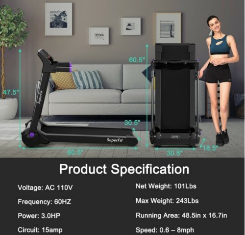 superfit folding electric treadmill w/ bluetooth connectivity - 3HP, 8mph max - black - (model: SP37464PU) image 3