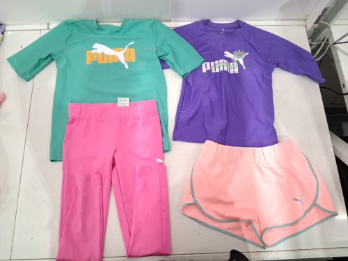 4 PUMA girl's CLOTHES - 1 LONG SLEEVE, 1 SHIRT, 1 SHORTS, 1 LONG PANTS - MEDIUM (7/8) - GREEN/PURPLE/PINK image 2