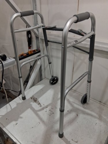 MEDLINE GUARDIAN ADJUSTABLE ALUMINUM 2-BUTTON FOLDING WALKER - 300LBS CAPACITY - GREY (MODEL: MDS86410W54H) image 4
