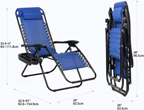 2PK Zero Gravity Adjustable Patio Lounge Chair with cupholder - 33.5" - Blue/Black image 2