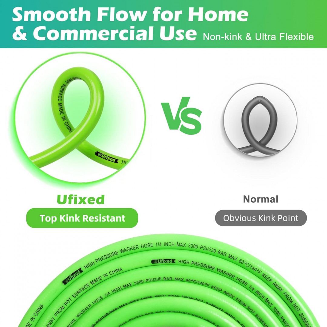 Ufixed lightweight Pressure Washer Hose with M22 solid brass fitting - 1/4" - 33000psi - 25ft - green image 3