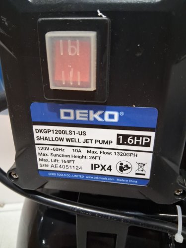 DEKO PRO Shallow Well Pump with Pressure Tank - 1.6HP, 1320 GPH, 164ft - BLACK (MODEL: DKGP1200ls1c-us) image 4