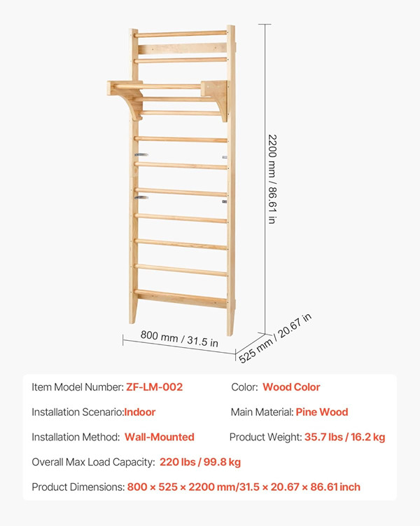 Swedish Ladder Wall climbing bars - 31.5" x 20.6" x 86.6" - light brown (Model: zf-lm-002) image 2