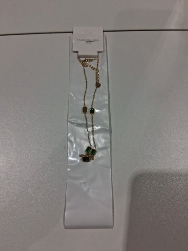 316l stainless steel rectangular cubic zirconia charm necklace - 16" - 18"/5mm x 6mm each charm - gold/green image 2