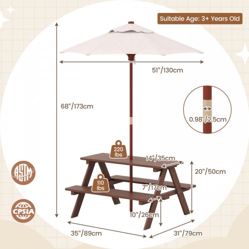 Costway Kids Outdoor 4-Seat Picnic Table Bench Set with Removable Umbrella - 35" x 20" - Brown/White (Model: OP70529) image 2