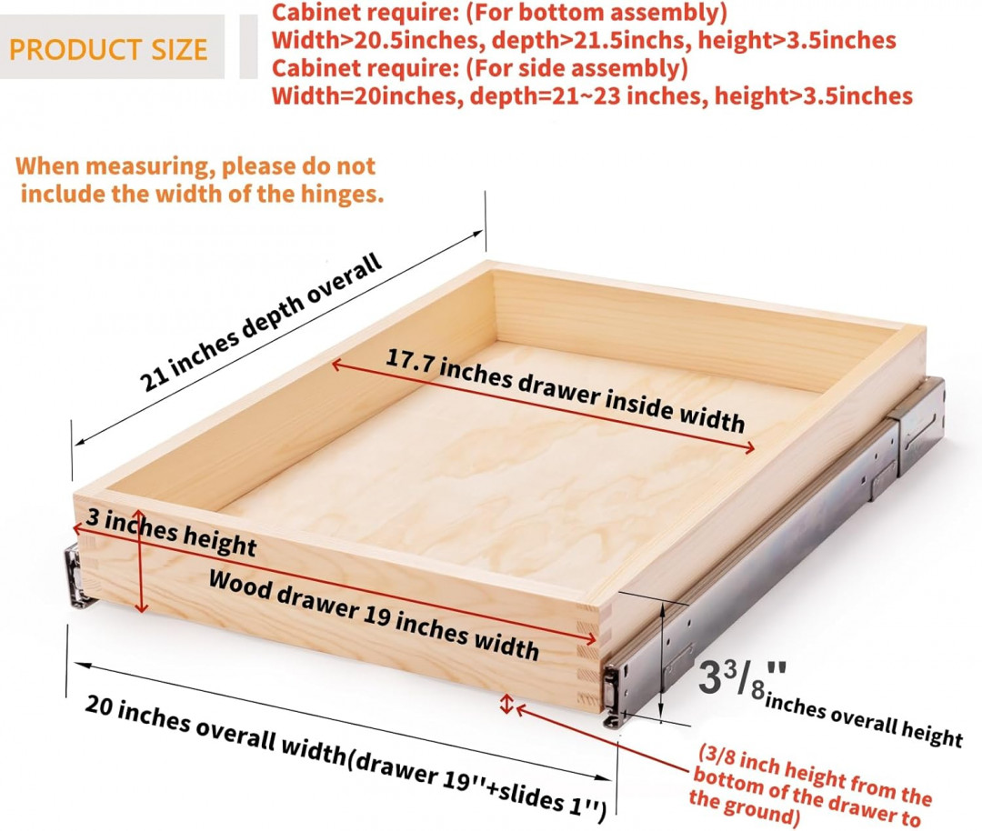 Mulush Pull Out heavy duty soft close slide out Cabinet Drawer assembly kit - 20" x 21" x 3" - natural Wood Finish (Model: MU-BS-20-CA) image 2