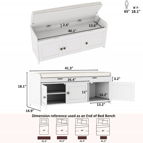 HOMEFORT Shoe Bench with Lift Top Storage - 41.3" x 14.9" x 18" - White/beige (Model: PG-02SB008A-WH103) image 2