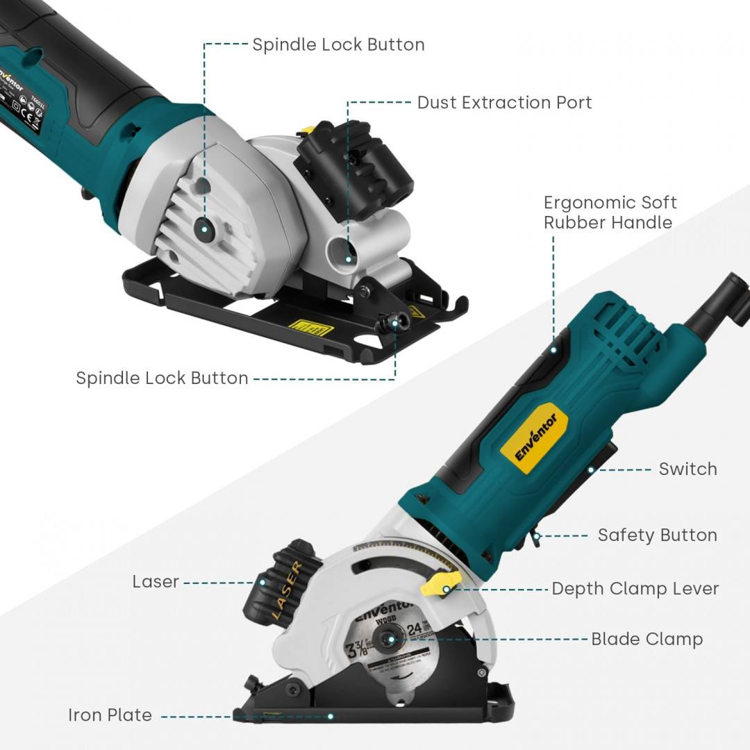 enventor mini corded 3-3/8" circular saw with precise laser guide & 3 ASSORTED 85mm saw blades - 4.8A, 4000RPM - blue (model: 76601L) image 2