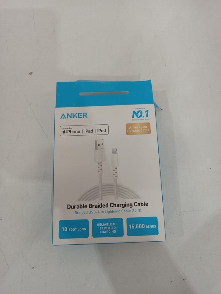 Anker durable Braided Charging Cable - USB-A to lightning - 10ft - White (Model: A8014) image 2