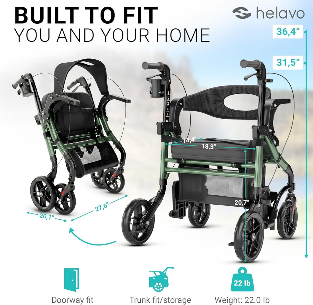 Helavo 2-IN-1 lightweight foldable/collapsable Walker Wheelchair Combo with adjustable height - 300LBS capacity - green/black (model: h1170) image 2