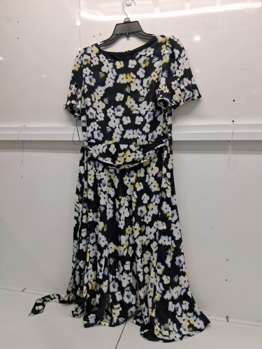 women's DKNY Flutter Sleeve Round Neck Waist Tie Midi Dress - size 8 - navy/lemon (style: DD4DT843) image 2