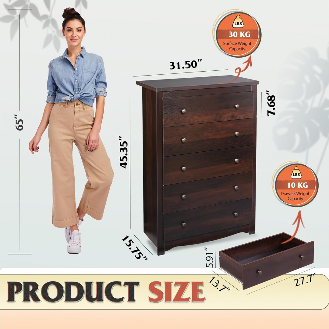 WLIVE Wood Dresser with 5 Drawers - 45.3" x 31.5" x 15.7" - Black (Model: ASNG130) image 2