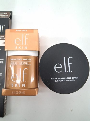 3 Assorted elf products - assorted sizes and uses - micro-fine brow pencil / elf skin bronzing drops / clean queen solid brush and sponge cleaner image 4