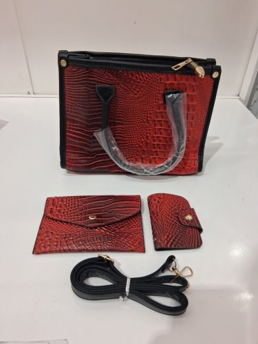 3pc elizabeth arden faux crocodile tote purse with wallet and strap - 11'' x 8'' - red/black image 3