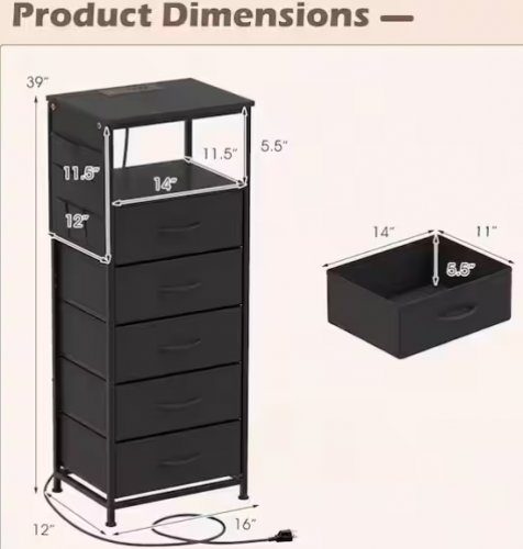5 drawer with charging station nightstand - 12" x 16" x 39" - black (model:55scnt5db) image 2