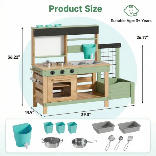 Kids Wooden Outdoor Mud Kitchen Playset With Plant Growing Box - green/natural (model: BBK082NL) image 2