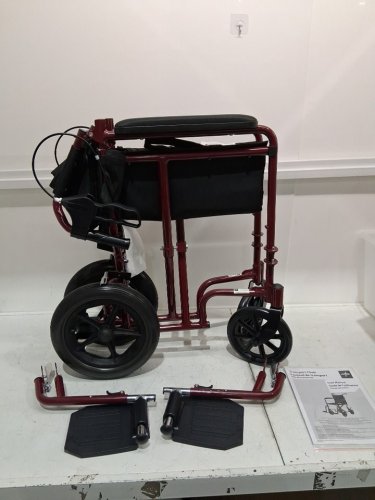 MEDLINE BASIC ALUMINUM TRANSPORT WHEELCHAIR 12" REAR WHEELS WITH BRAKES - 19"/300lbs capacity - RED/black (MODEL: MDS808210ARE) image 3