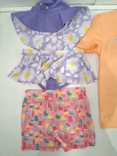 4 assorted girl's SWIM clothes - 1 HAT, 1 SKIRT, 1 SHORTS, 1 SHIRT - EXTRA SMALL (4/5) - PURPLE/PINK/ORANGE image 3