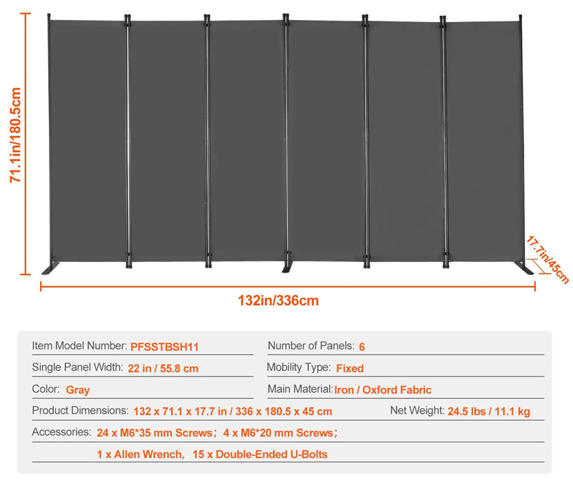 6-PANEL Room Divider - 71.1" x 132" - Light Gray (MODEL: PFSSTBSH11) image 2