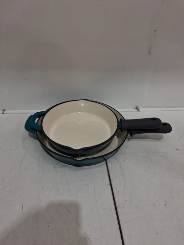 2PC TRAMONTINA ENAMELED CAST IRON SKILLETS with grip handles - 10" & 12" -TEAL (MODEL: 1529471) image 2