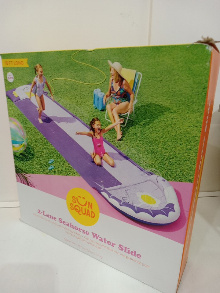 Kids Sun Squad 2 Lane Seahorse Water Slide with Built-in Sprinklers - 18ft - Purple image 2
