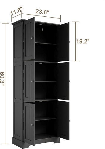 choochoo tall 6-door bathroom storage cabinet - 60" x 24" x 12" - black - (model: sc2503-bk) image 2