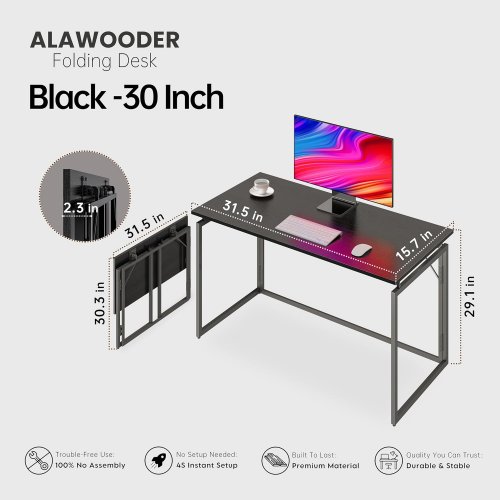 Alawooder No Assembly Folding Desk - 30" - Black image 2