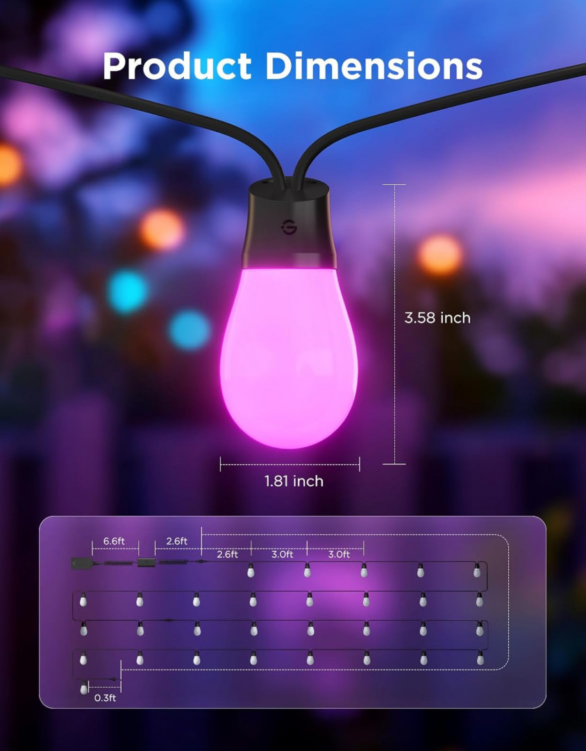 GOVEE indoor/outdoor waterproof app control  smart  RGBIC  string lights - Works with Alexa, Google & Matter - 96ft - black (model: h702b) image 2