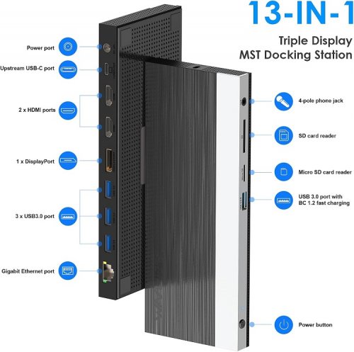 WAVLINK 13-in-1 USB C Triple Display 4K Docking Station, 100W PD3.0 Charging (65W for PC), 1xDP & 2xHDMI, 4xUSB-A 3.0 (1 Charging), Gigabit Ethernet, SD&TF Card Slot Audio Jack For Windows & Mac (MODEL: WL-UMD05 pro) image 2