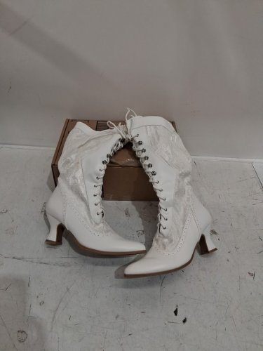 women's mid knee cowboy heeled boots with laces - size 7 - white image 3