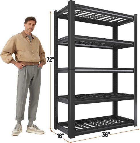 5-tier steel grid storage shelves with hanging side bags - 36" x 16" x 72" - black - (model: cd-5lg-bag-168h) image 2